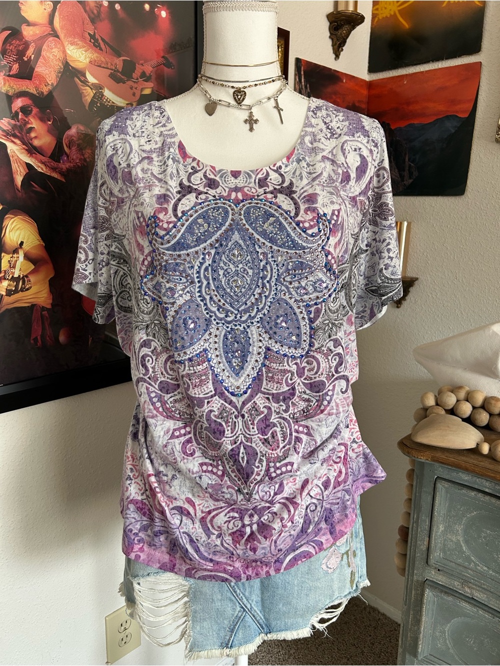 Vintage Y2K Rhinestone Top Womens Tee Size 2XL Fairy Grunge McBling Embellished
